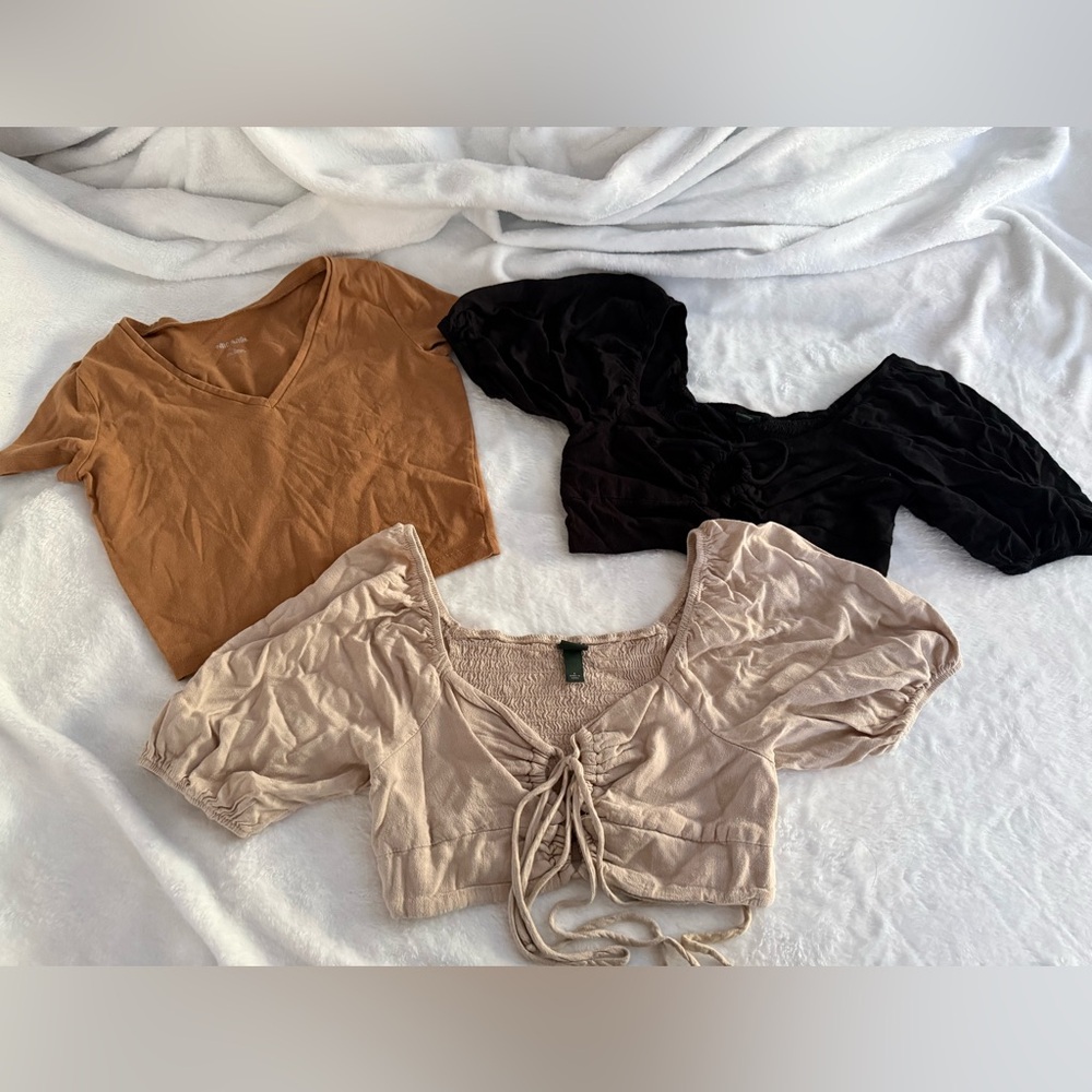 Wild Fable 3 Cropped Knit Smocked Brown Black Khakis Tops S Small